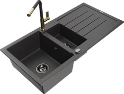 Mexen Andres 1,5 rekeszes gránit mosogató csepegtetővel és Flora konyhai csappal, fekete foltos - 6515-76-670401-57-B