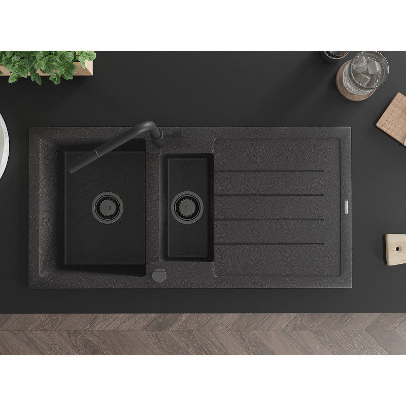 Mexen Andres chiuvetă de granit cu 1,5 camere, cu picurător și baterie de bucătărie Flora, negru pătat - 6515-76-670401-70-B