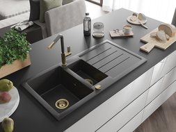 Mexen Andres chiuvetă de granit 1,5 camere cu scurgător și baterie de bucătărie Flora, negru pătat - 6515-76-670401-75-G