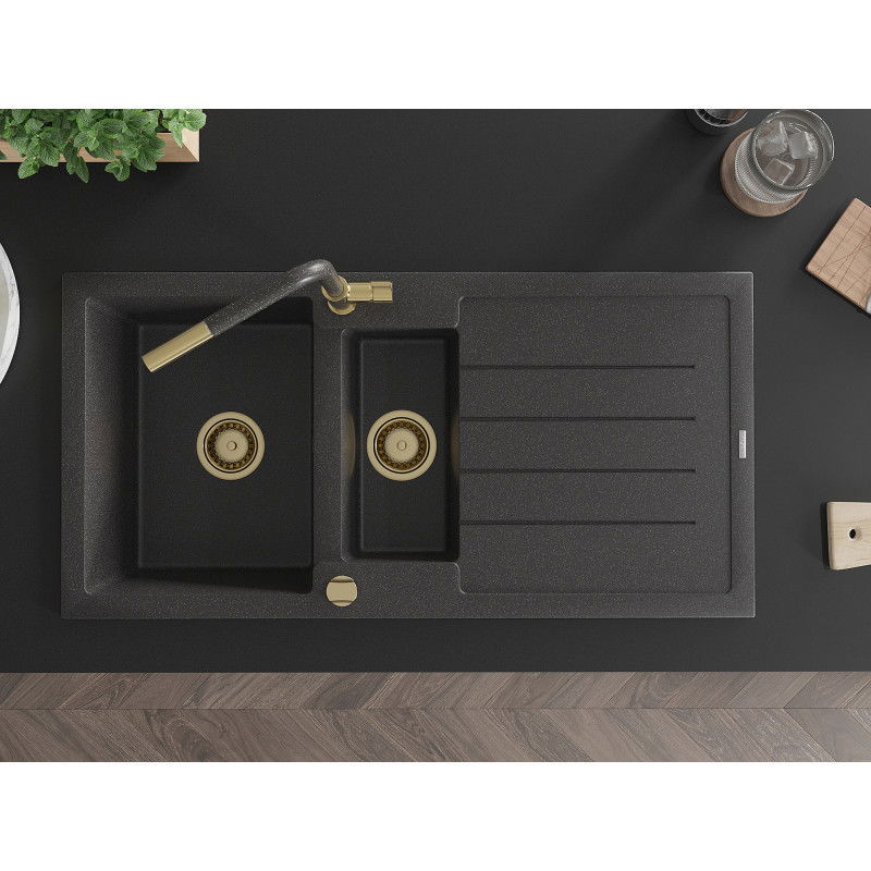 Mexen Andres 1,5-medencés gránit mosogató csepegtetővel és Flora konyhai csapteleppel, fekete pöttyös - 6515-76-670401-75-G