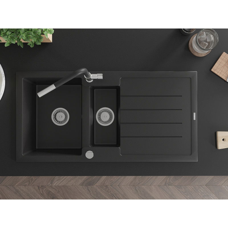 Mexen Andres gránit mosogató 1,5 medencés csepegtetővel és Flora konyhai csappal, fekete - 6515-77-670401-07