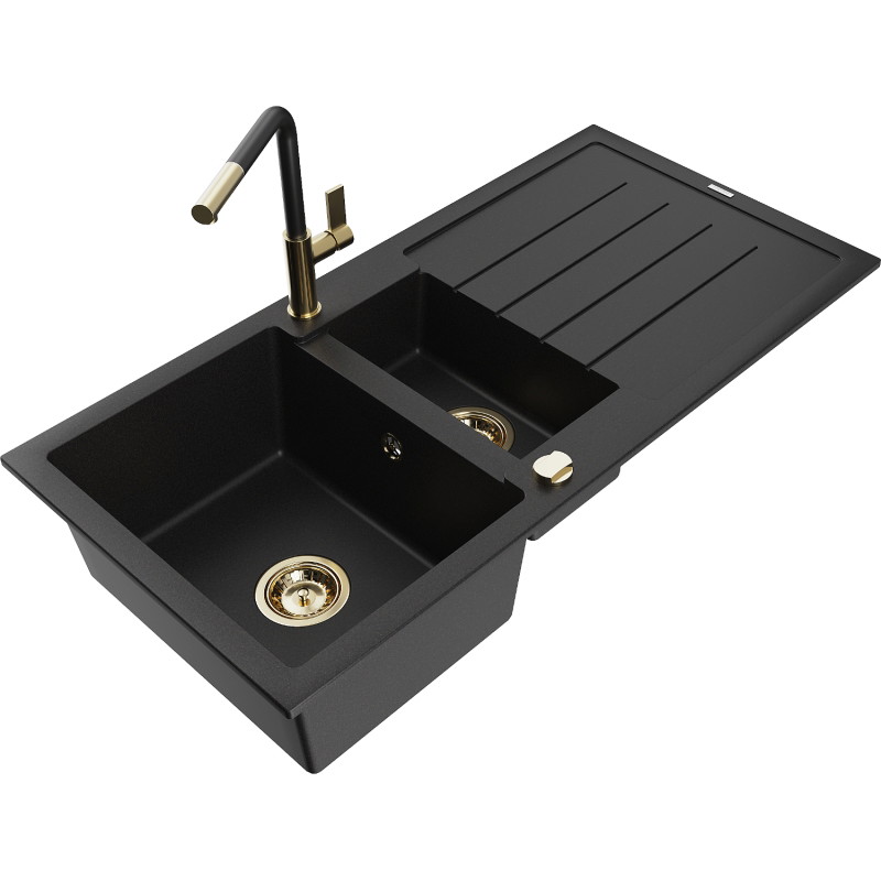 Mexen Andres chiuvetă de granit 1,5-recepte cu scurgător și baterie de bucătărie Flora, negru - 6515-77-670401-57-G