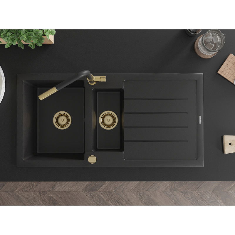 Mexen Andres chiuvetă din granit cu 1,5 compartimente cu scurgător și baterie de bucătărie Flora, negru - 6515-77-670401-57-G