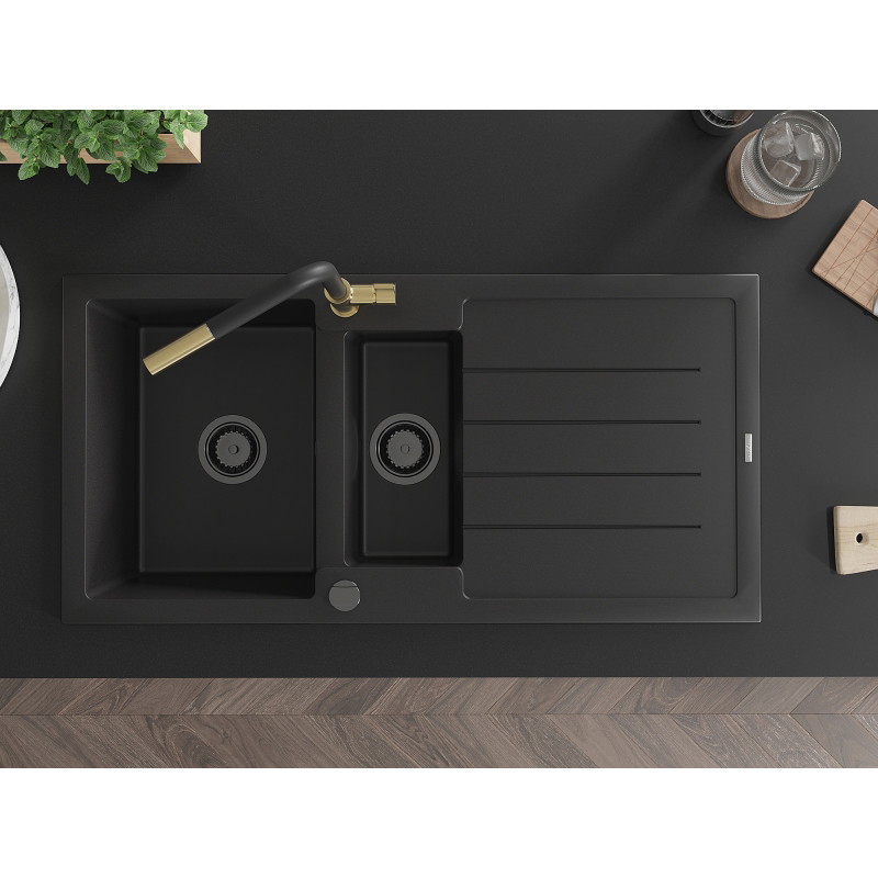 Mexen Andres 1,5-medencés gránit mosogató edényszárítóval és Flora konyhai csappal, fekete - 6515-77-670401-57-B