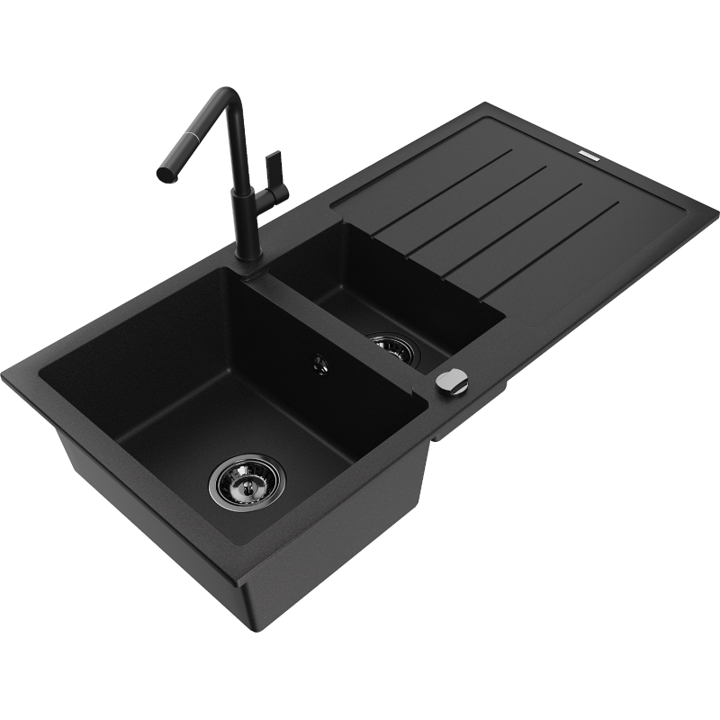 Mexen Andres chiuvetă granit 1,5-cuptor cu scurgător și baterie de bucătărie Flora, negru - 6515-77-670401-70-B