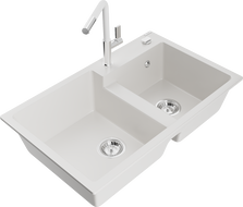 Mexen Tomas chiuvetă de bucătărie din granit cu 2 compartimente și baterie Flora, alb - 6516-20-670401-02