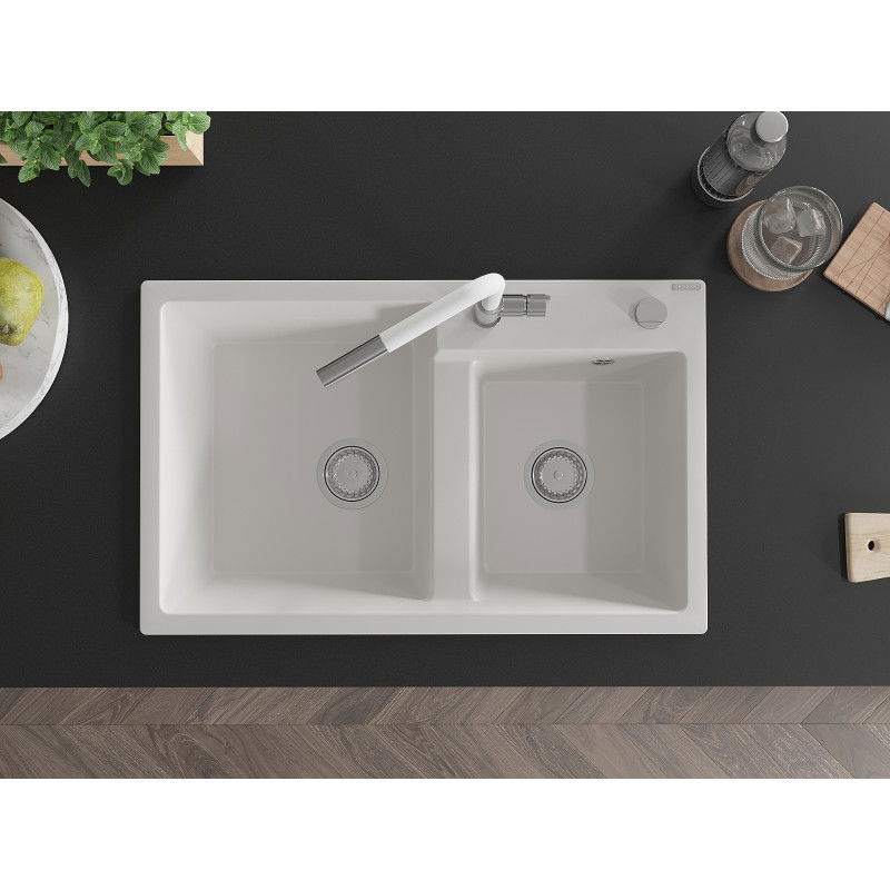 Mexen Tomas 2-medencés gránit mosogató Flora konyhai csapteleppel, fehér - 6516-20-670401-02