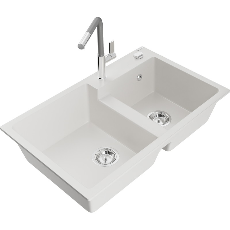 Mexen Tomas chiuvetă de bucătărie din granit cu 2 compartimente cu baterie Flora, alb - 6516-20-670401-06