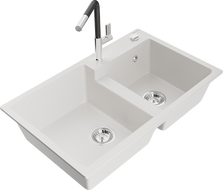 Mexen Tomas gránit mosogató 2-medencés konyhai csapteleppel Flora, fehér - 6516-20-670401-07