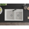 Mexen Tomas chiuvetă de bucătărie din granit cu 2 compartimente și baterie Flora, alb - 6516-20-670401-07