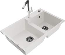 Mexen Tomas gránit mosogató 2 rekeszes konyhai csappal Flora, fehér - 6516-20-670401-07-B