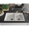 Mexen Tomas chiuvetă de bucătărie din granit cu 2 compartimente și baterie Flora, alb - 6516-20-670401-57-B