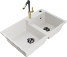 Mexen Tomas chiuvetă de granit cu 2 cuve cu baterie de bucătărie Flora, alb - 6516-20-670401-57-B