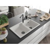 Mexen Tomas chiuvetă de granit cu 2 compartimente cu baterie de bucătărie Flora, albă - 6516-20-670401-70-B