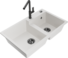 Mexen Tomas 2 rekeszes gránit mosogató Flora konyhai csapteleppel, fehér - 6516-20-670401-70-B