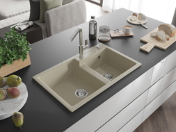 Mexen Tomas chiuvetă de bucătărie din granit cu 2 compartimente și baterie Flora, bej - 6516-69-670401-00