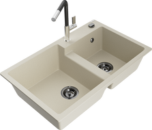 Mexen Tomas 2-kamrás gránit mosogató Flora konyhai csapteleppel, bézs - 6516-69-670401-07-B