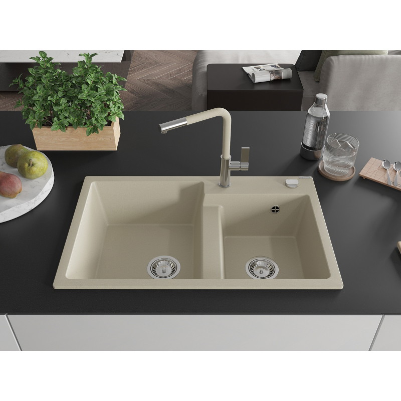 Mexen Tomas chiuvetă de bucătărie din granit, cu 2 compartimente, cu baterie Flora, bej - 6516-69-670401-09