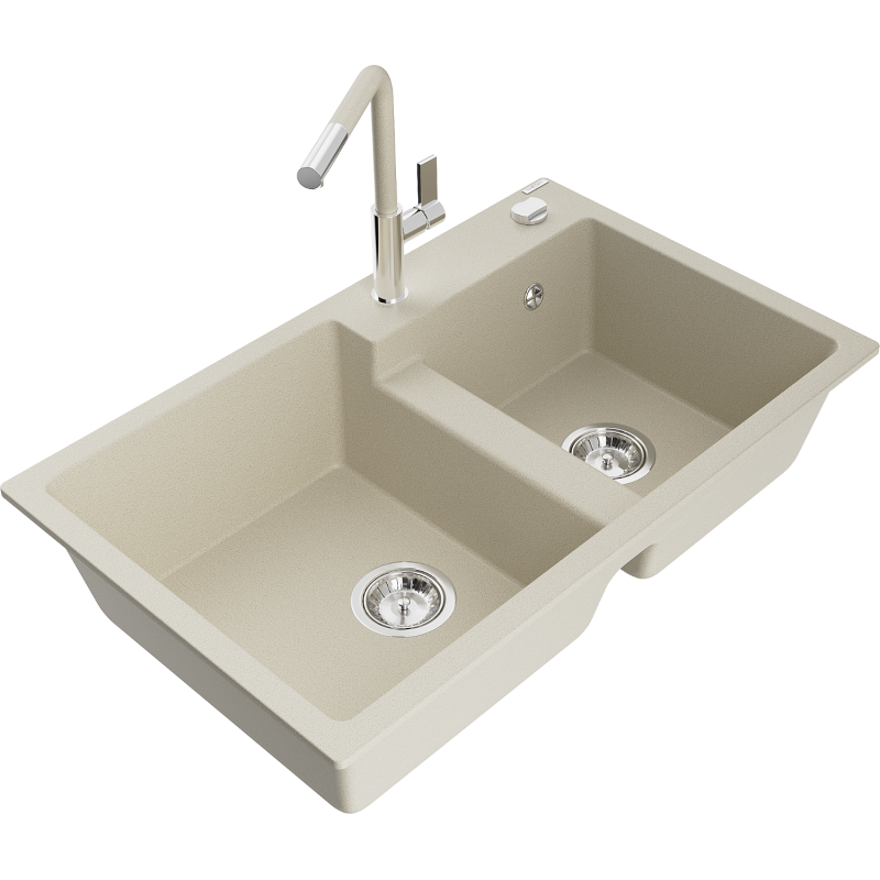 Mexen Tomas chiuvetă granit 2-comparte cu baterie bucătărie Flora, bej - 6516-69-670401-09