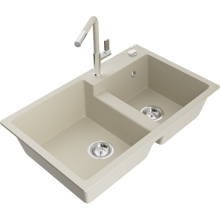 Mexen Tomas chiuvetă de bucătărie din granit, cu 2 compartimente, cu baterie Flora, bej - 6516-69-670401-09