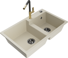 Mexen Tomas kétmedencés gránit mosogató Flora konyhai csapteleppel, bézs - 6516-69-670401-57-B