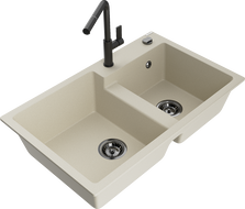 Mexen Tomas chiuvetă de granit cu 2 compartimente cu baterie bucătărie Flora, bej - 6516-69-670401-70-B