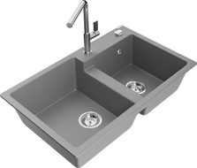 Mexen Tomas gránit mosogató 2 rekeszes konyhai csappal Flora, szürke - 6516-71-670401-00
