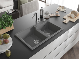 Mexen Tomas chiuvetă de granit cu 2 compartimente cu baterie de bucătărie Flora, gri - 6516-71-670401-07