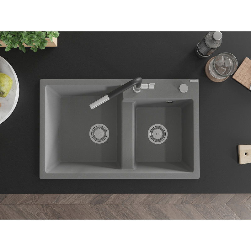 Mexen Tomas chiuvetă de bucătărie din granit cu 2 cuve și baterie Flora, gri - 6516-71-670401-07
