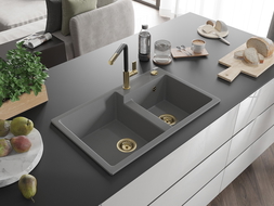 Mexen Tomas 2 kamrás gránit mosogató Flora konyhai csapteleppel, szürke - 6516-71-670401-57-G