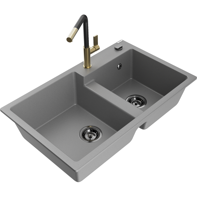 Mexen Tomas chiuvetă granit 2-camere cu baterie bucătărie Flora, gri - 6516-71-670401-57-B
