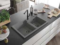 Mexen Tomas gránit mosogató 2-medencés konyhai csappal Flora, szürke - 6516-71-670401-70-B