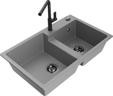 Mexen Tomas chiuvetă de bucătărie din granit cu 2 compartimente și baterie Flora, gri - 6516-71-670401-70-B