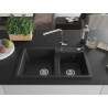 Mexen Tomas chiuvetă de bucătărie din granit cu 2 compartimente și baterie Flora, negru/metalic argintiu - 6516-73-670401-00