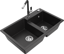 Mexen Tomas chiuvetă de granit cu 2 compartimente și baterie de bucătărie Flora, negru/metalizat argintiu - 6516-73-670401-07
