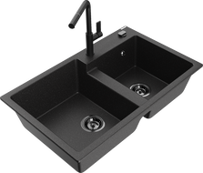Mexen Tomas 2 kamrás gránit mosogató Flora konyhai csapteleppel, fekete/ezüst metál - 6516-73-670401-70-B