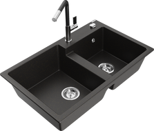 Mexen Tomas chiuvetă granit 2 compartimente cu baterie de bucătărie Flora, negru/auriu metalizat - 6516-75-670401-07