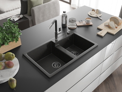 Mexen Tomas chiuvetă de bucătărie din granit cu 2 compartimente și baterie Flora, negru/auriu metalic - 6516-75-670401-07-B