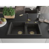 Mexen Tomas chiuvetă de granit cu 2 compartimente și baterie de bucătărie Flora, negru/auriu metalic - 6516-75-670401-57-G