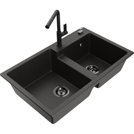 Mexen Tomas chiuvetă de bucătărie din granit 2 camere cu baterie Flora, negru/auriu metalic - 6516-75-670401-70-B