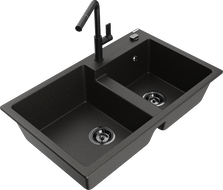 Mexen Tomas gránit 2-kamrás mosogató Flora konyhai csapteleppel, fekete/arany metál - 6516-75-670401-70-B