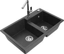 Mexen Tomas gránit mosogató 2 medencés konyhai csappal Flora, fekete, pettyezett - 6516-76-670401-00