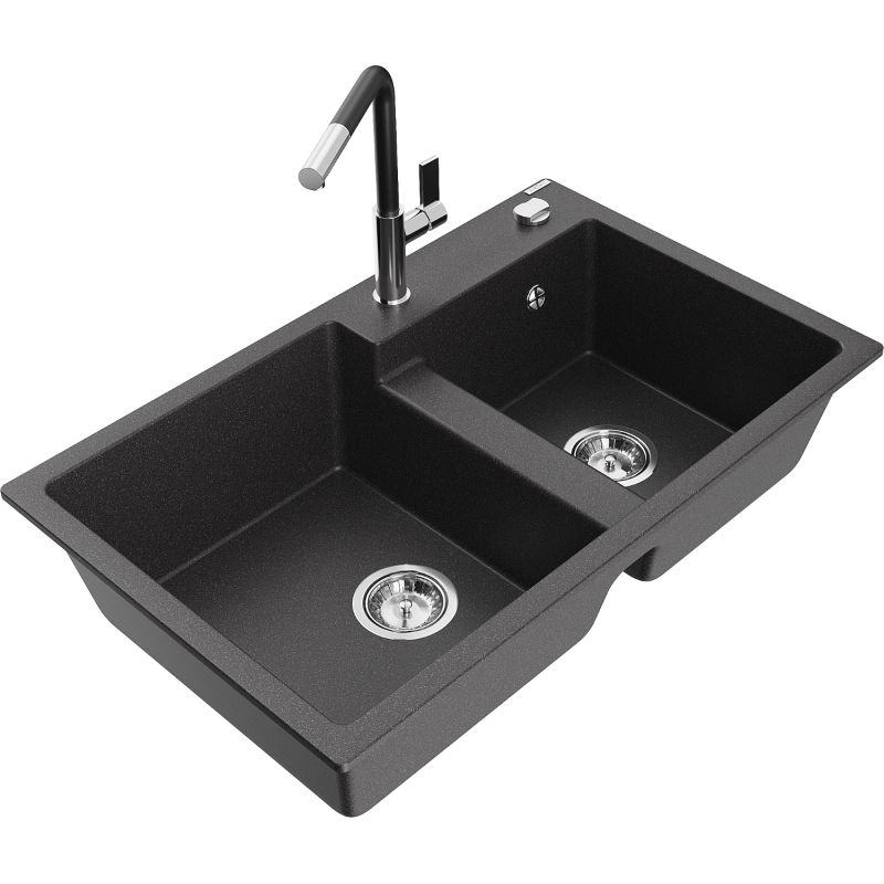 Mexen Tomas chiuvetă de granit cu 2 compartimente cu baterie de bucătărie Flora, negru cu pete - 6516-76-670401-07