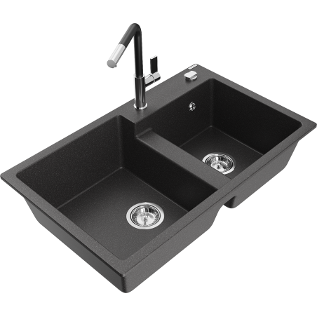 Mexen Tomas chiuvetă de granit cu 2 compartimente cu baterie de bucătărie Flora, negru cu pete - 6516-76-670401-07