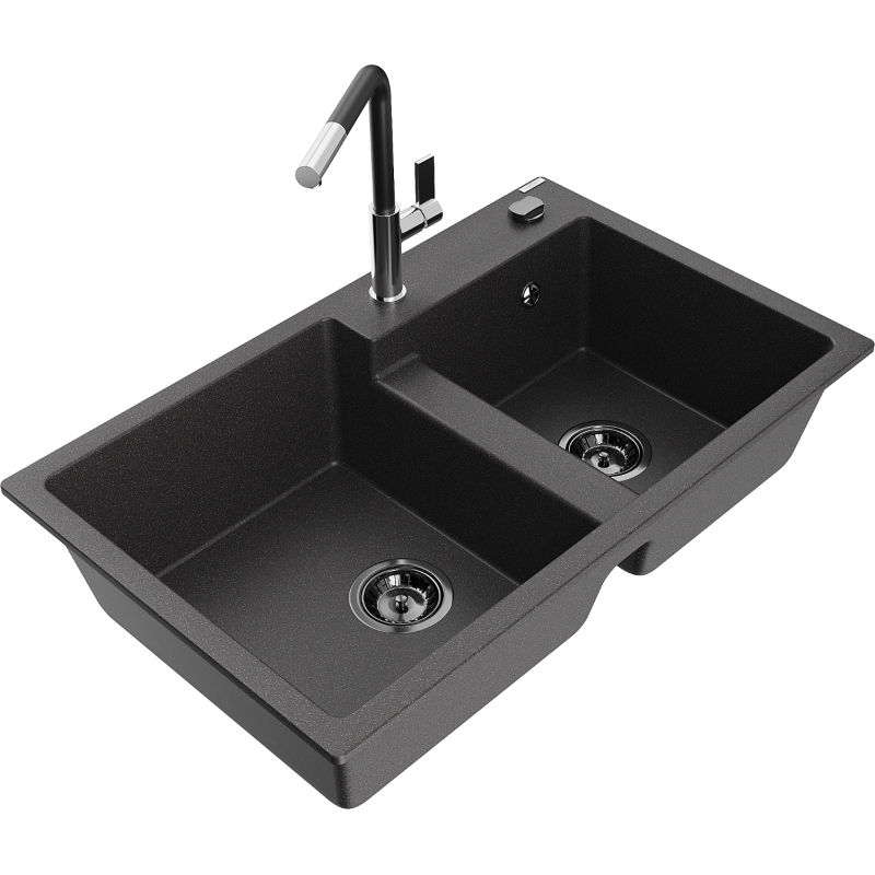 Mexen Tomas 2 rekeszes gránit mosogató Flora konyhai csappal, fekete pöttyös - 6516-76-670401-07-B