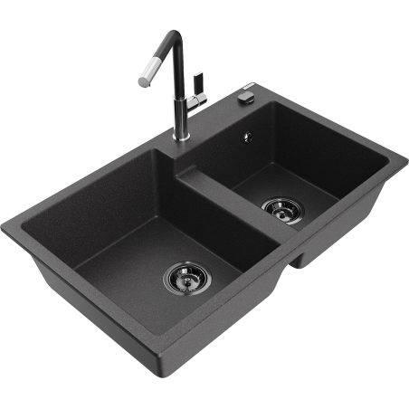 Mexen Tomas 2 rekeszes gránit mosogató Flora konyhai csappal, fekete pöttyös - 6516-76-670401-07-B