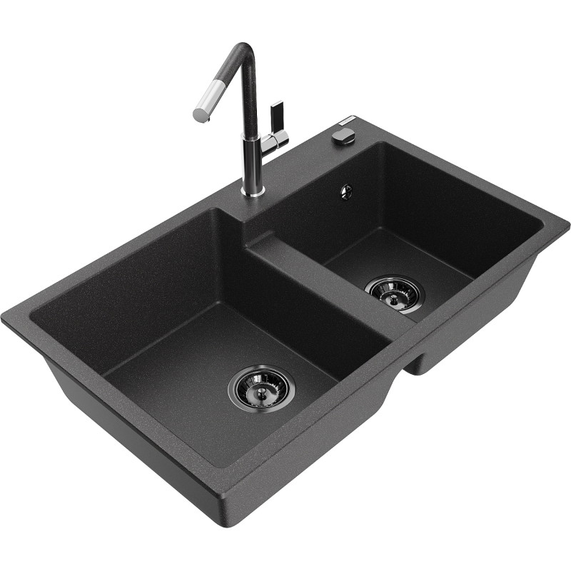 Mexen Tomas gránit 2 rekeszes konyhai mosogató Flora konyhai csappal, fekete pöttyös - 6516-76-670401-08-B