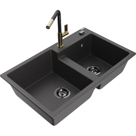 Mexen Tomas 2 medencés, gránit konyhai mosogató Flora csapteleppel, fekete pöttyös - 6516-76-670401-57-B