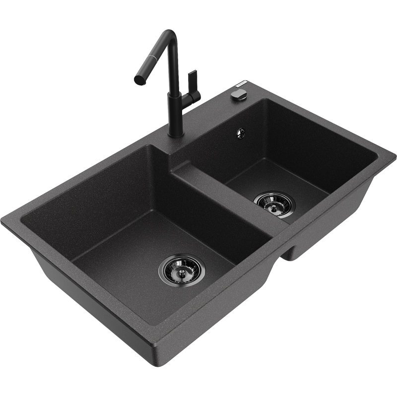 Mexen Tomas kétrészes gránit mosogató Flora konyhai csappal, fekete pöttyös - 6516-76-670401-70-B