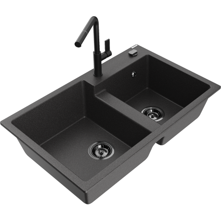 Mexen Tomas kétrészes gránit mosogató Flora konyhai csappal, fekete pöttyös - 6516-76-670401-70-B